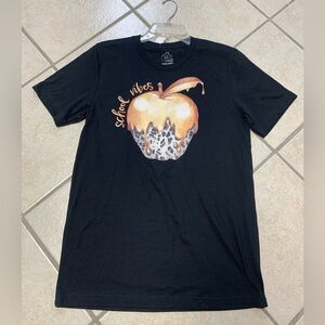 Womens S or M Black School Vibes Animal Print Apple Graphic Teacher T-Shirt NWT